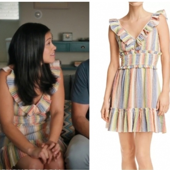 SAYLOR Alma Multicolor Striped Ruffled V-neck Sz L - Picture 1 of 7